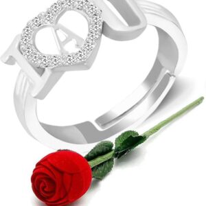 Valentine gift Jewellery Stylish Heart Shape Silver Platinum Proposal i love you Name Alphabet Letter Initial A Rings for girls women girlfriend Men Boys Couples American diamond CZ AD Adjustable Gifts Set Lovers Design With Velvet Red Rose box set-RING ROSE BOX SET-ME126 Brass