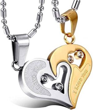 Golden-Silver Broken Two Half Heart Shape Love Pendant Locket Necklace Chain Stainless Steel Locket